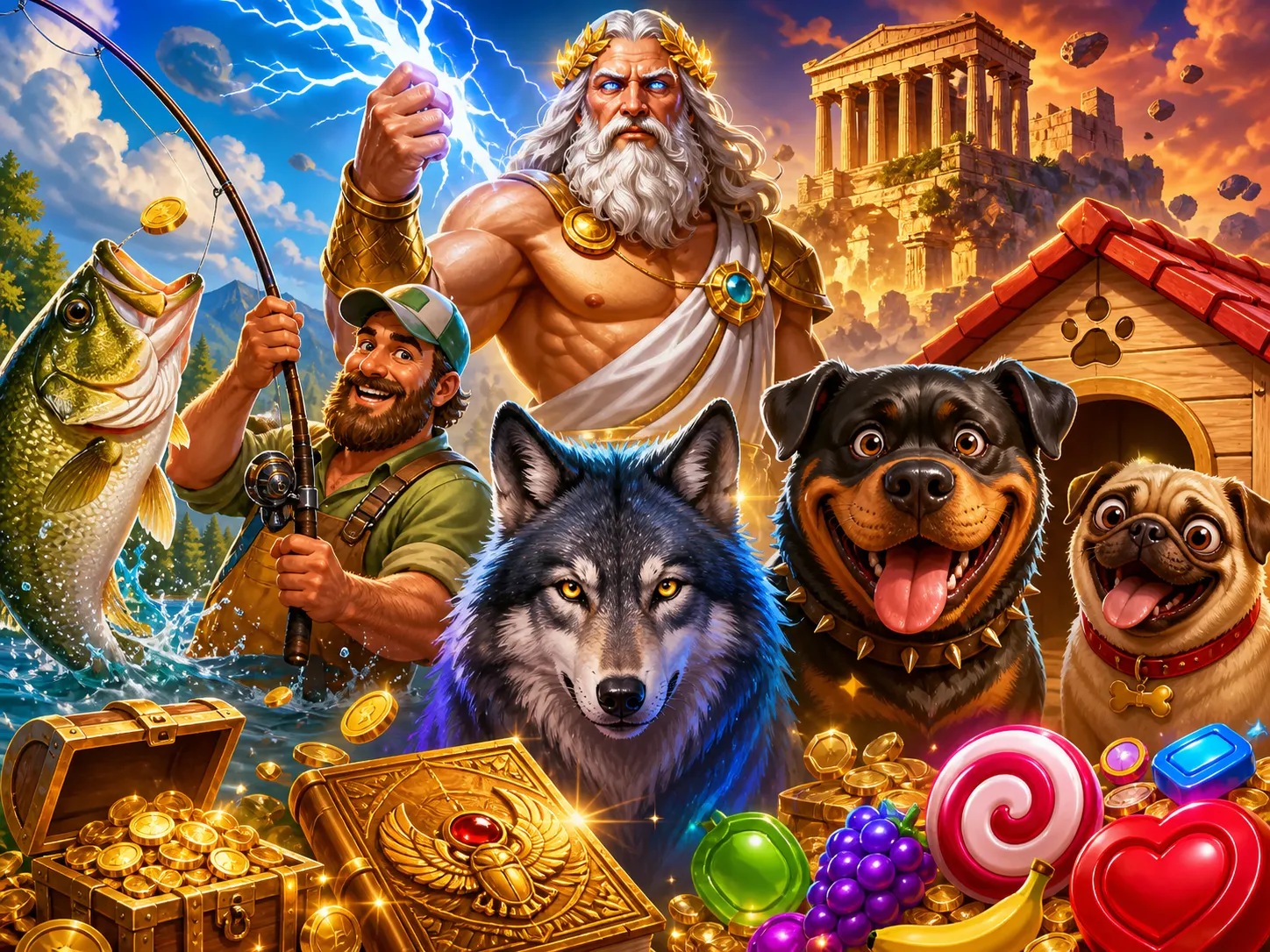 High-quality slot game illustration featuring vibrant characters and rich environments
